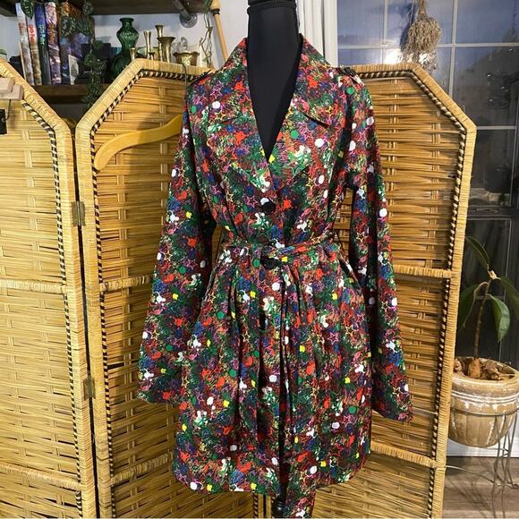 Joe Browns colorful graffiti stars Notched Collar Cocktail Trench Coat size 10 - Picture 13 of 16